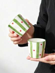1/4pcs Striped Red Heart Ceramic Hand-Held Cups, INS Style Colorful Vertical Stripe Small Tea Cups, Home Afternoon Tea Coffee Cup Set, Office Highly Attractive Cups, Tea Set, Suitable For Gifts - Multicolor - View 8