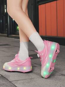中性 LED 充電發光鞋，兒童輪滑鞋，多功能可變形直排輪滑鞋，適合四季使用，附可拆卸輪子，適合戶外與運動滑行 - 粉色 - 查看 2