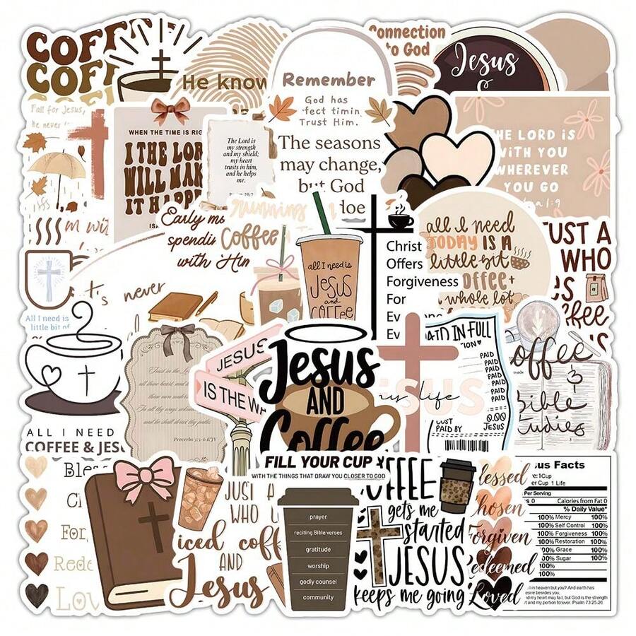 52 Pieces Of Jesus And Coffee-Themed Stickers - Faith And Coffee-Themed Vinyl Stickers Suitable For Decoration On Water Bottles, Laptops, Diaries, And Phone Cases - Jesus and Coffee - View 1
