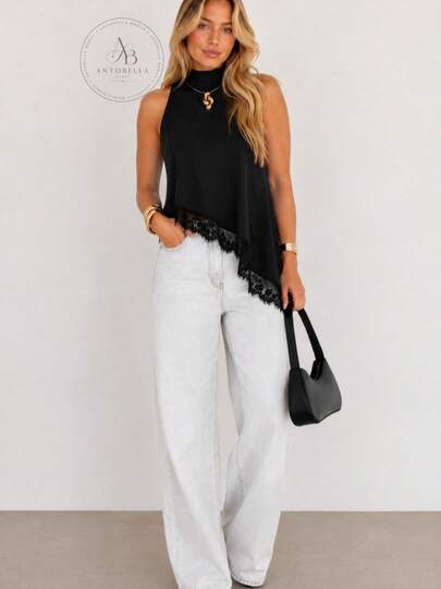 Blusa Feminina  Gola Barra  Com Renda  Assimétrica Nó  Elegante Casual   Primavera Verão Otono Inverno