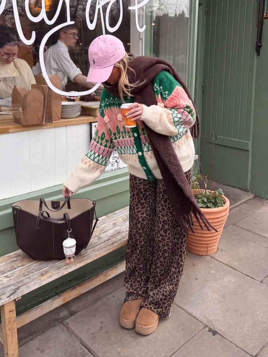 Women's Colorblock Jacquard Fuzzy Cardigan, 3D Floral Button Long Sleeve Knit Sweater, Christmas Holiday Style - Green - View 1