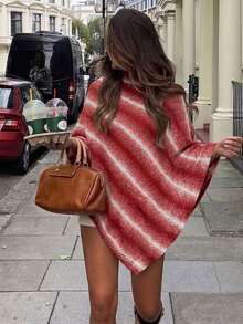 Red & White Ombre High Neck Knitted Shawl, Women's Loose Versatile Triangular Poncho Style Scarf For Spring & Autumn - Multicolor - View 1