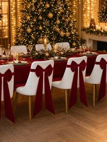 1pc Velvet Chair Back Bow Decoration, Elastic Stretchable Pre-Tied Large Bow Chair Strap With Long Ribbon Tail, Elegant Christmas Dining Chair Decor, Suitable For Christmas, Wedding, Banquet, Holiday Dinner Party, Home Kitchen & Restaurant Decoration - Multicolor - View 4