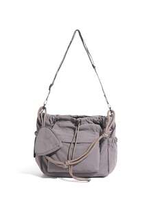 Japanese Style Black Drawstring Crossbody Bag, Multi-Pocket Slouchy Nylon Shoulder Sling With Mini Pouch Adjustable Strap For Daily School Street - Multicolor - View 14