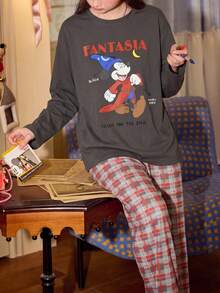Gongdie 2 Pieces Disney Mickey Christmas Pajamas For Women,Fall Red Plaid Soft Cotton Loungewear With Crew Neck And Pocket - Grey - View 2