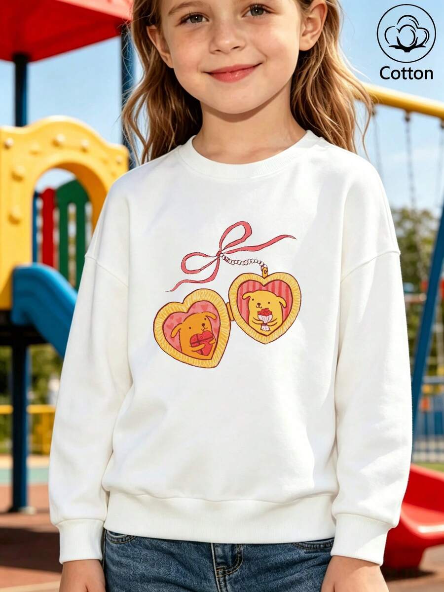 Cute Kids Pullover Hoodie: White Loose Round Neck Long Sleeve With Heart Lion Print & Red Bow, Soft Breathable For Spring - White - View 1
