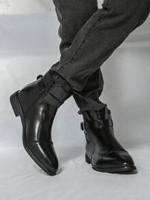 ZCZ Men Cap‑Toe Buckle Ankle Boots, Side Zip Pointed Toe Low Heel Vintage Business Casual Short Boots - Black - View 11