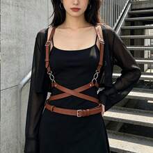 1pc Women's Brown PU Leather Decorative Harness Belt, Street Style Punk Gothic Body Adjustable Waist Belt Accessory For Dress Party Outfit, Holiday Party Dress Matching Belt Accessory - Coffee Brown - View 4