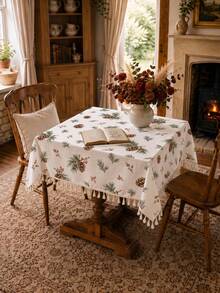 1pc Christmas Winter Minimalist Pine Branch Berry Pine Cone Pattern Polyester Cotton Lace Tablecloth, Stain-Resistant With Tassel Fringe, Suitable For Square/Round Tables, Kitchen, Dining Table, Coffee Table, TV Stand, Entryway, Party Holiday Decor, Home Decor, Christmas Gathering - Multicolor - View 8