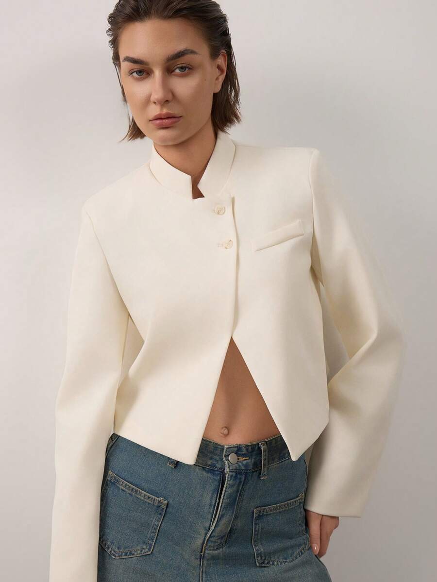 Women's Minimalist Stand Collar Asymmetric Short Blazer Jacket Autumn - Beige - View 1
