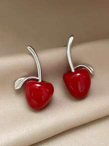 1 Pair Luxury Red Resin Asymmetrical Cherry Stud Earrings, Suitable For Women's Holiday Party Wear - Silver + Burgundy - View 3
