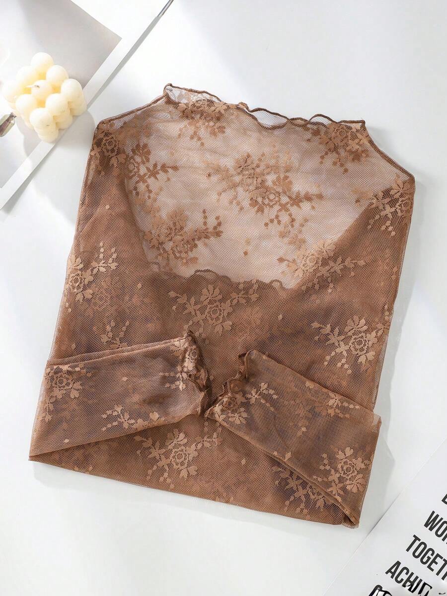 Women's Semi-High Neck Ruffle Floral Jacquard Mesh Base Layer Top, Long Sleeve Sheer Lace Layering Top - Coffee Brown - View 1