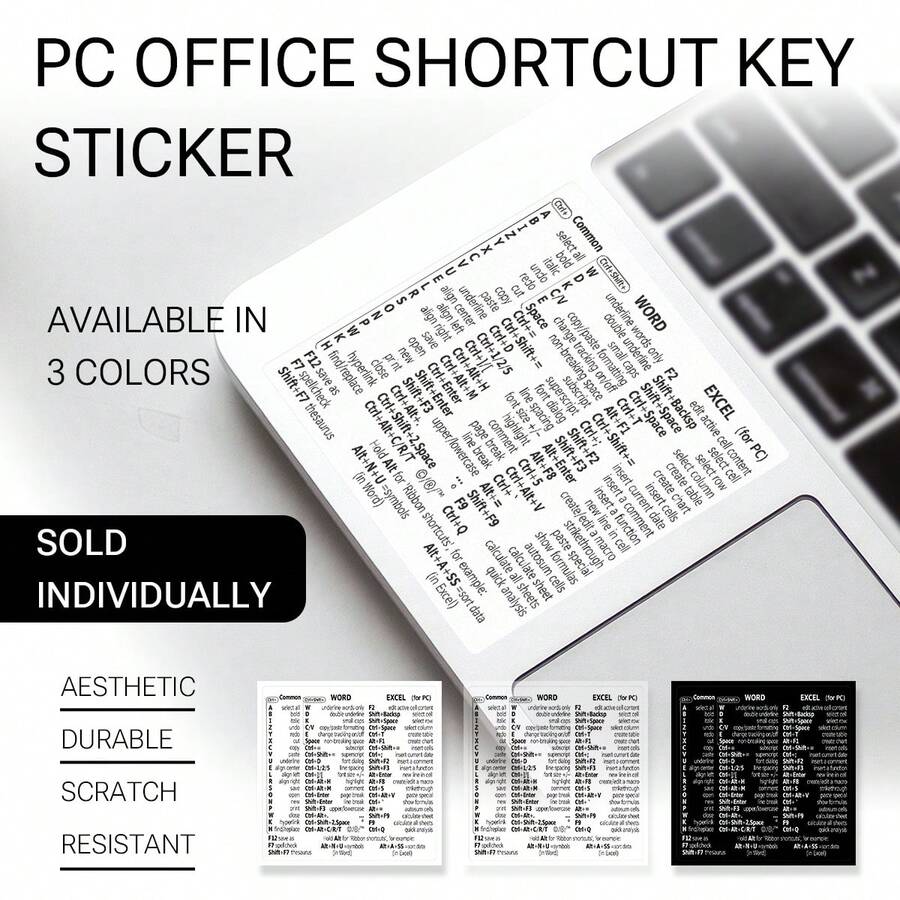 1pc Shortcut Key Stickers Compatible With Apple/Windows Laptop Full Series WORD & EXCEL Software Black/White/Transparent Optional - View 1