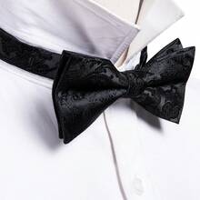 5Pcs Men Black Floral Jacquard Bow Tie Pocket Square Cufflinks Ring Boutonniere Set, Cufflinks Pattern Random For Wedding - Black - View 4