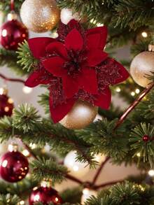 10/18pcs Artificial Shiny Christmas Flower Set, Includes 8 Christmas Flowers And 8 Clips, Easy Installation & Maintenance Free, Suitable For Wedding Celebration, Christmas Tree, Wreath And Decoration - Christmas Flower Set - View 7