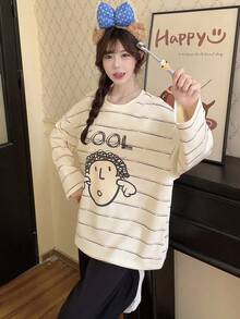 2pcs/Set Women's Spring/Autumn Casual Cartoon Sweat-Absorbent Breathable Round Neck Long Sleeve Long Pants Cartoon Spring/Autumn/Winter Home Wear Fall Clothes For Women - Apricot - View 5