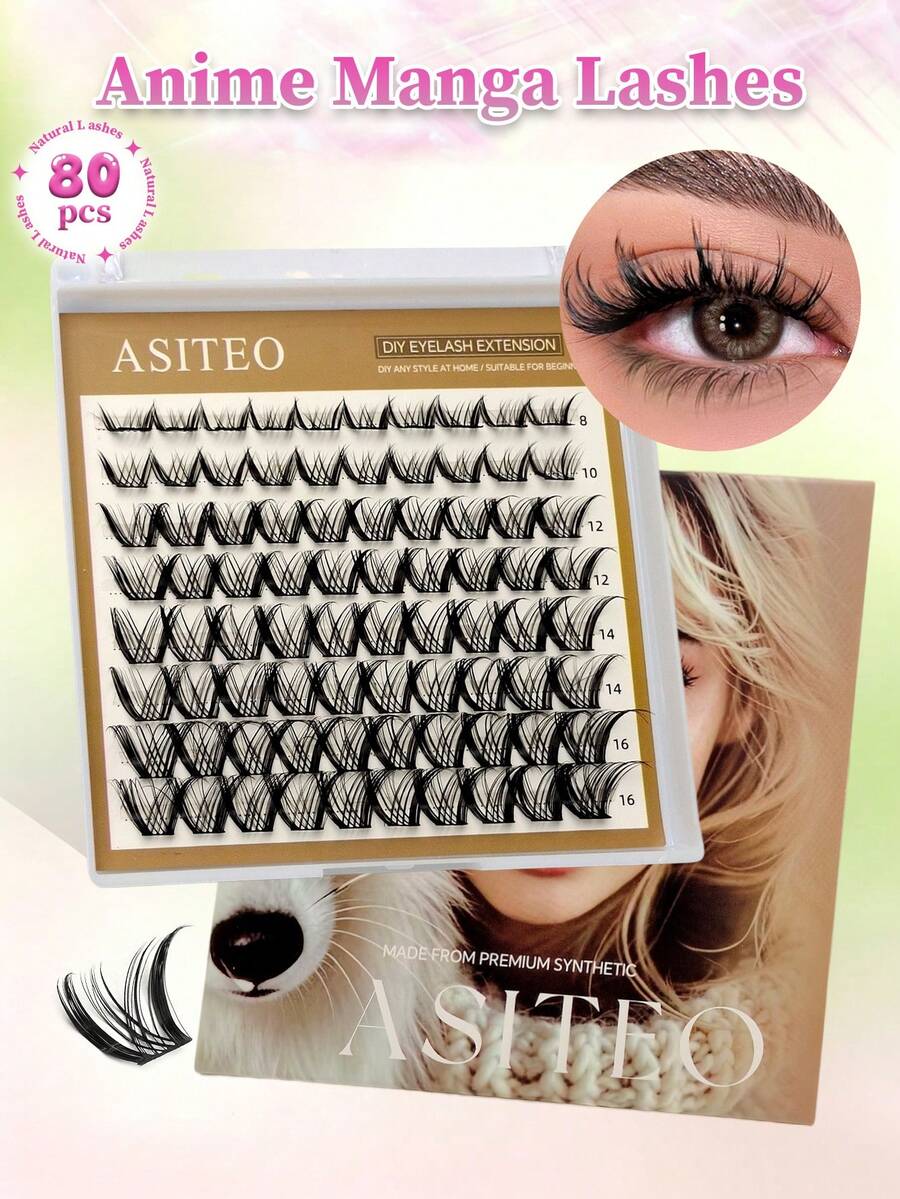 Asiteo 80pcs D Curl Rabbit Ear Eyelash Clusters Series: 8-16mm Shiny Manga Style Faux Mink False Eyelashes, Fine Single Cluster Eyelash Extensions, Anime Fairy Style Eyelash Clusters - D - View 1