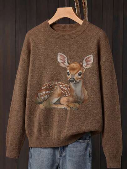 Sweater Wanita Ukuran Besar, Motif Rusa, Pakaian Wanita Nyaman untuk Musim Gugur/Dingin, Lengan Panjang, Leher Bulat
