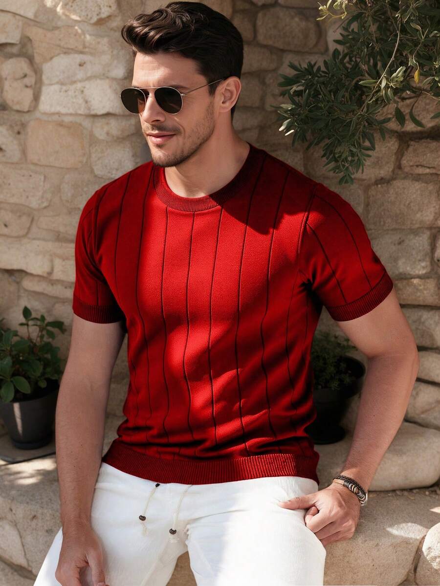 ALTZTAR Men's Thin Solid Color Short Sleeve Knit Vertical Striped Crew Neck Top