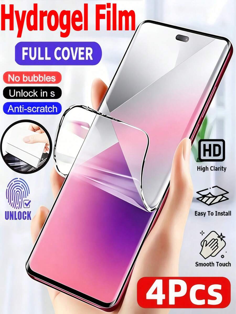 4片裝 HD 水凝膠手機螢幕保護貼，適用 Reno 10 11 12 13 14 15 16 Pro / 適用 Realme 11 12 13 14 15 Pro+，全螢幕覆蓋、防爆、耐刮、柔軟可彎曲保護膜，非玻璃軟膜