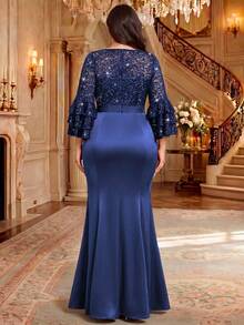 Plus Size Elegant V-Neck Sequin Floral Lace Patchwork Satin Ruffle Sleeve Mermaid Hem Formal Party Long Dress, Elegant Formal Ball Wedding Guest Gown - Navy Blue - View 2
