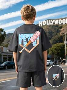 Tween Boy Cartoon Graphic Print Crew Neck Short Sleeve T-Shirt And Shorts Set - Dark Grey - View 1