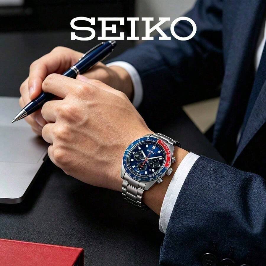 Seiko Men's Chronograph Watch Bezel Deep‑Blue Dial Multi‑Sub‑Dials Date Window Solid Stainless Steel Bracelet Racing‑Style Solar Sports Wristwatch - Silver - View 1