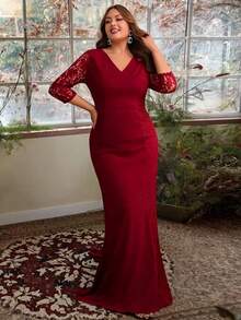 Women's Plus Size Elegant V-Neck Evening Gown, Suitable For Wedding Guest, Mother Of The Bride, Graduation Party, Christmas And Thanksgiving - Burgundy - View 9