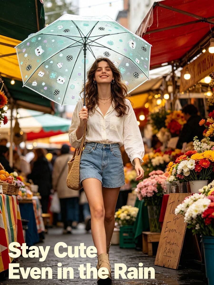 Super Cute Transparent Manual Folding Umbrella, Fresh Cat & Star Print, Comes With Hanging Decor. One-Click Open, Lightweight And Compact For Easy Storage. High Aesthetic Value, Perfect For Rainy Day Photos, Daily Commute, Cute Gift For Girls. - Umbrella - View 1