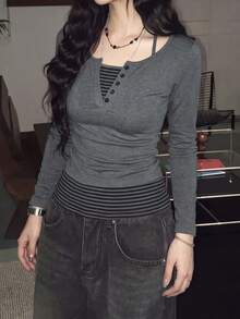 Striped Tank Top & Button Long Sleeve Design 2 Pieces Set - Grey - View 5