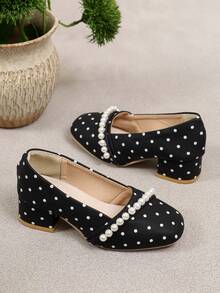 Shu Rui Fashion Pearl Embellished Girls' High-Heeled Shoes, Polka Dot Print Small Square-Toe Slip-On Shoes, Daily And Banquet Princess Shoes - Black - View 5