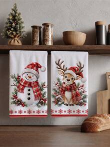 2pcs Cartoon Snowman & Deer With Red Plaid Scarf Pattern Kitchen Towels, 40*60cm Soft Microfiber Tea Towels, Suitable For Home Kitchen Restaurant Outdoor Camping Tabletop Cleaning Dish Cloth Hand Towel Accessories, Winter Christmas Holiday Theme Kitchen Towels Holiday Gift - Multicolor - View 6