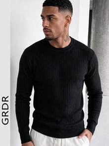 GRDR Men's Black Vertical Ribbed Crew Neck Sweater Slim Fit Textured Knit Pullover Casual Base Layer Top Autumn/Winter - Black - View 4