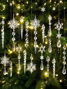 10/18pcs Acrylic Crystal Snowflake & Icicle Christmas Ornaments Set, Clear Faceted Drop Pendants With White Ribbon, Shatterproof Xmas Tree Hanging Decorations For Window Mantel Holiday Wedding Party Decor, Christmas Home Decor, Winter Decoration - A - View 9