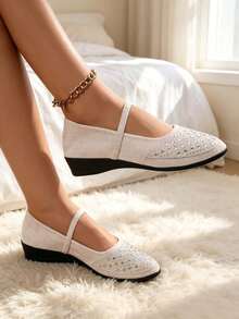 Women Rhinestone Embellished Mary Jane Wedge Heel Shoes, Single Strap Square Toe Textile Upper Soft Low Wedge Sole Casual Daily Wear Shoes - Beige - View 12