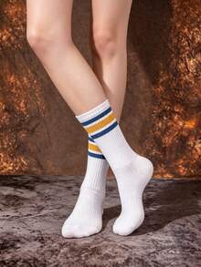 1/3 Pairs Women's Mid-Calf Cotton Socks, Striped Minimalist Street Style Breathable Sports Socks, Fun Halloween Gift Socks - Multicolor - View 3