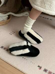 XIXITIAO Minimalist Striped Closed Toe Slippers, Winter Warm Soft Sole House Slippers - Black - View 11