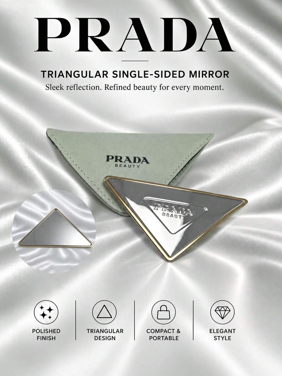 Prada Triangle Single-Sided Mirror, 9*5cm, Single Piece, Clear Image, Lightweight And Portable, Includes Storage Pouch, Suitable For Touch-Ups On The Go And Travel
