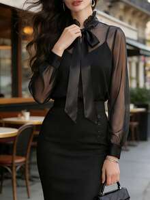 DONICY Set Kamisol Wanita Lengan Panjang Hitam dengan Kerah Ruffle Jala, Atasan Modis dan Elegan - Hitam - View 6