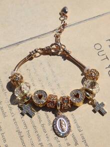 1pc Religious Cross Heart Charm Bracelet, Cross Heart Bracelet, Religious Virgin Mary Heart Bracelet - Gold - View 8