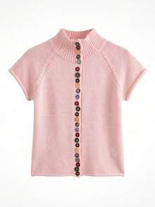 Just Masa Women's Fall Casual Front Button High Neck Sweater Pullover,Short Sleeve Slim Fit Solid Color Basic Knit Top,For Vacation,Travel,Daily Wear - Pink - View 3