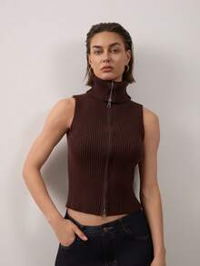 Women's Casual Fashionable Daily Commute Zip-Up Lapel Ribbed Knit Vest Top Summer Brown - Brown - View 4