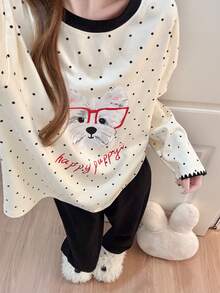 2pcs/Set Women's Pajamas Loungewear Set, Round Neck Puppy + Letter Print Cute Fashion Long Sleeve Long Pants Home Style - Multicolor - View 1