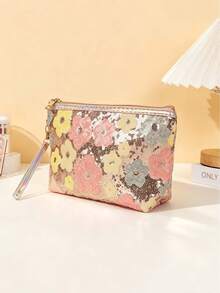 1pc Large Capacity Sequin Floral Fashion Makeup Bag With Handle And Zipper, Portable Cosmetic Storage Organizer For Phone, Coins, Data Cable, Etc., Suitable For Women, Home, Travel, Business Trip, Daily Commute, All Seasons - Multicolor - View 1