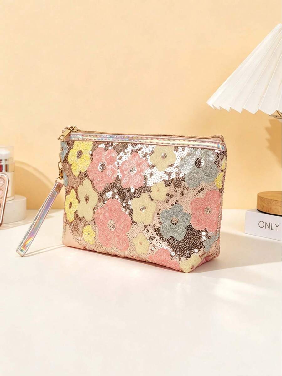 1pc Large Capacity Sequin Floral Fashion Makeup Bag With Handle And Zipper, Portable Cosmetic Storage Organizer For Phone, Coins, Data Cable, Etc., Suitable For Women, Home, Travel, Business Trip, Daily Commute, All Seasons - Multicolor - View 1