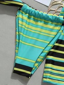 HOTTIE HABIT Women's Striped, Halter Triangle, 3 Pieces Bikini Set With Beach Skirt, Summer Beach Vacation - Multicolor - View 8