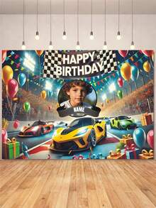 Customizable Photo & Name Racing Theme Birthday Backdrop, Vinyl Racing Track Black & White Flag Balloon Photography Banner, Racing Party Decoration, F1 Theme - Type B - View 8