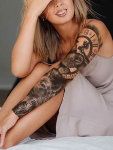 Full Arm Tattoo Sticker - Large Size Lion Wolf Clock Pattern Tattoo Sticker Holiday Gift DIY Beach Party Full Arm Leg Body Skin Waterproof Tattoo Sticker 1pc/Pack - Black - View 2