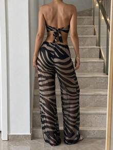HOTTIE HABIT Women's Zebra Print 3-Piece Bikini Swimsuit, Bandeau Ruched Swim Top, Drawstring Sheer Mesh Flare Cover-Up Bottoms, Summer Beach Vacation Swimwear - Multicolor - View 4