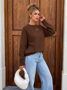 Nicenter Sweater Wanita Musim Gugur/Dingin, Warna Polos, Tekstur Rajut, Leher Bulat, Lengan Raglan, Lengan Panjang, Longgar, Campuran Wol, Pakaian Kasual Sehari-hari - Coklat - View 3